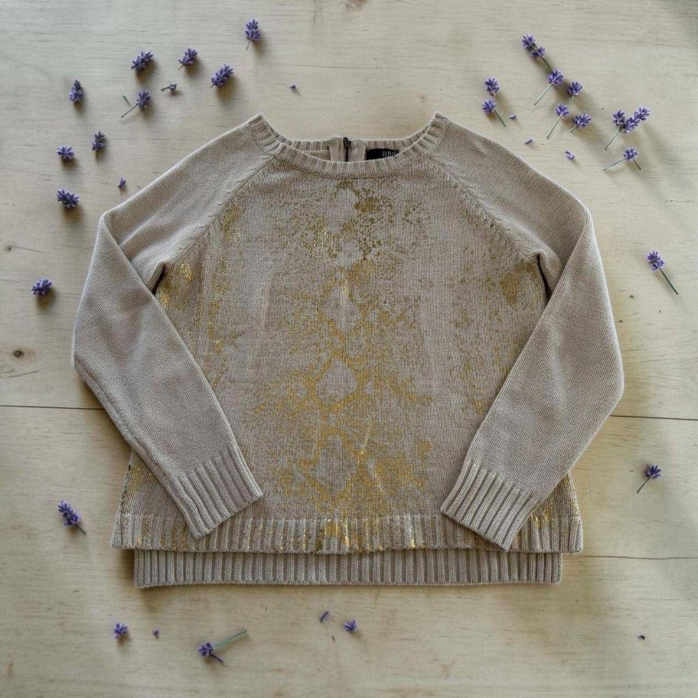 a.n.a Sweater Gold Metallic Foil Snake Print Beige Womens Large Raglan Zip‎ Back